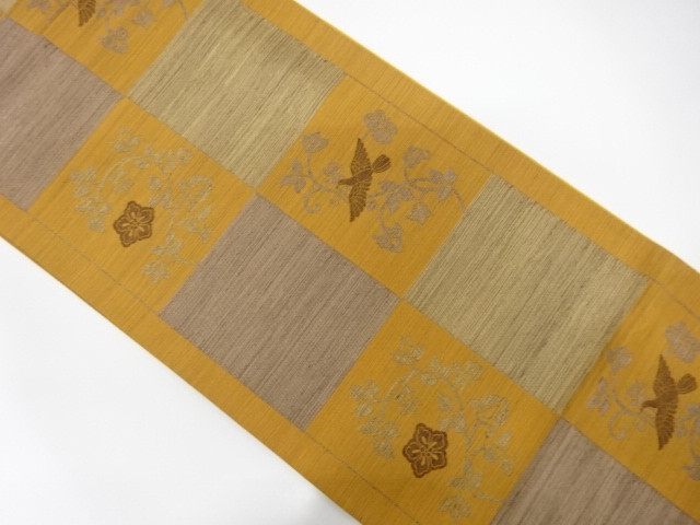 枡に花鳥模様織り出し　袋帯